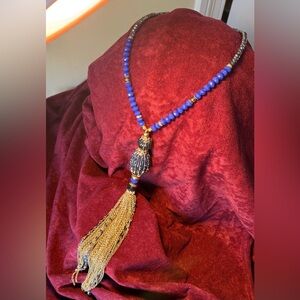 Beautiful Long Sparkly Blue and Gold Tassel Necklace